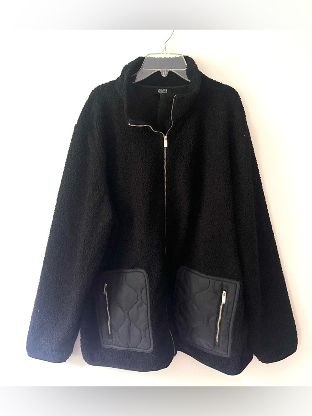 Jones New York Plush Teddy Jacket 2X Black Quilted Pockets Relaxed Elevated